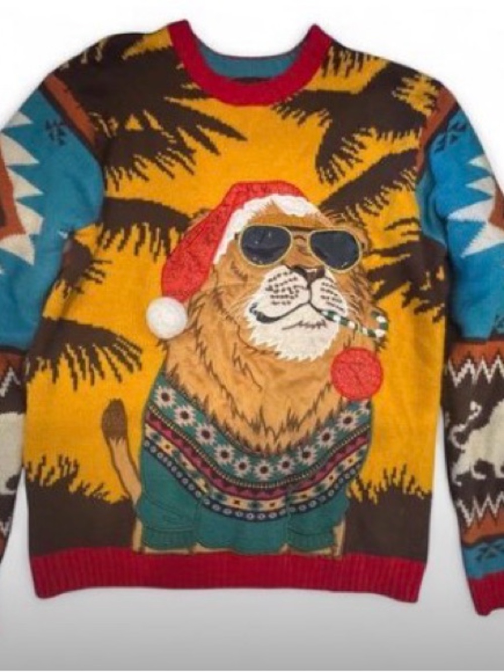 Men's multicolor Crewneck Sweater with Festive Lion Motif
